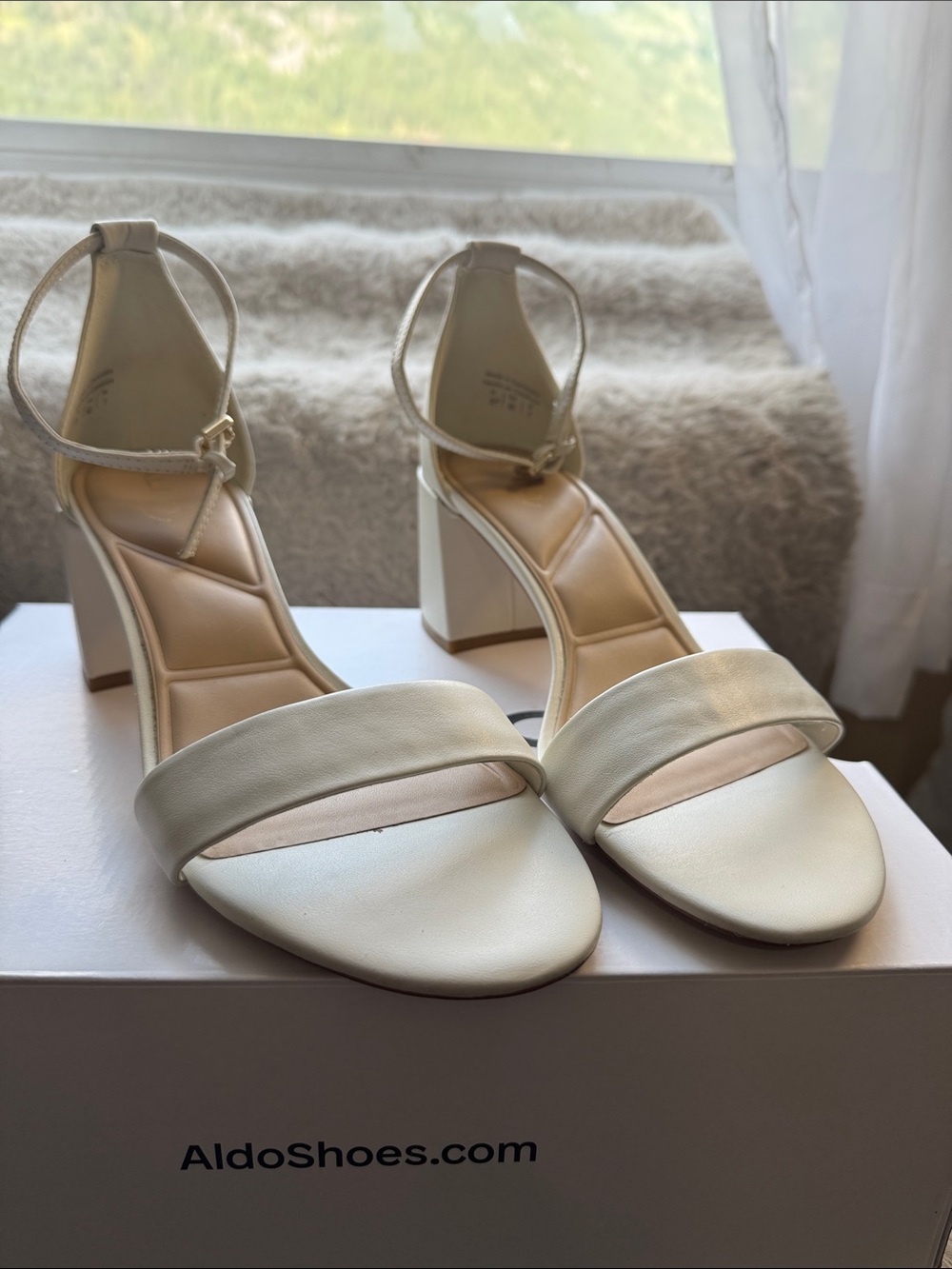 Aldo Cream Block Heel Ankle-Strap Sandals